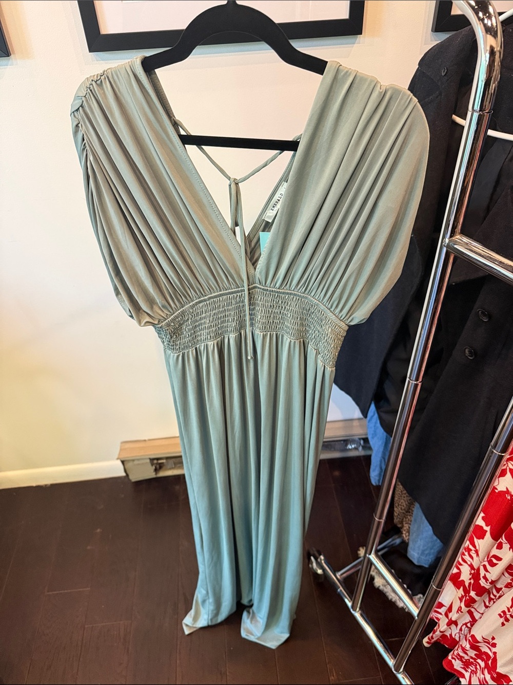 Emerald Sage Green Pleated V-Neck Maxi Dress